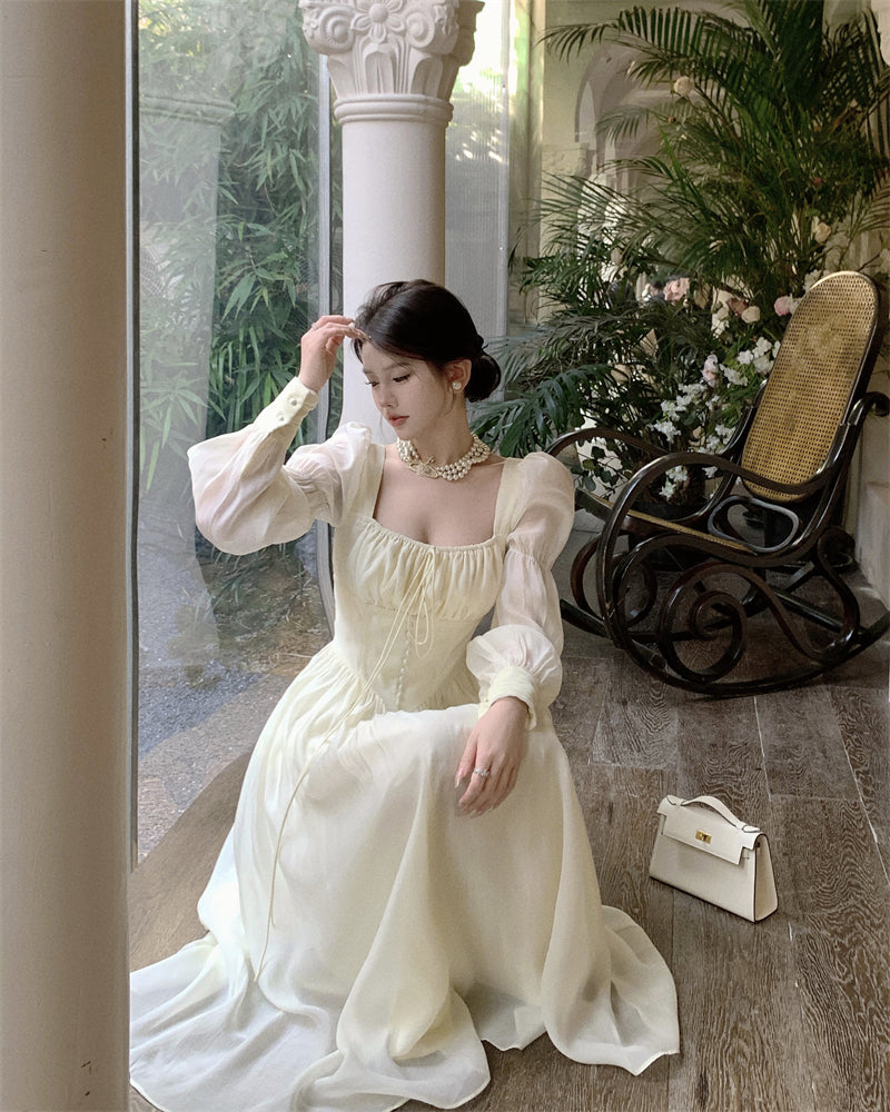 French Square Collar Long Sleeve Classic Elegant Corset Princess White Dress