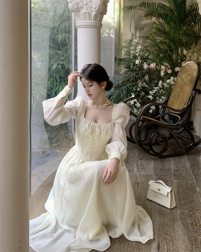 French Square Collar Long Sleeve Classic Elegant Corset Princess White Dress