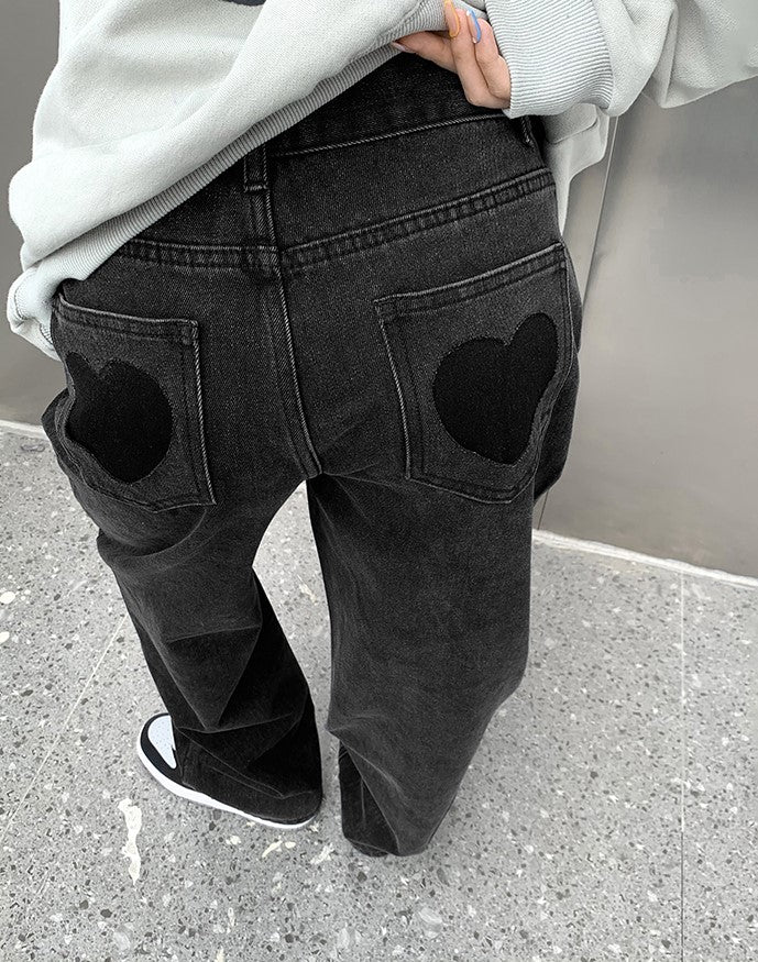 Street Black & Gray Heart High Waist Jeans Pants