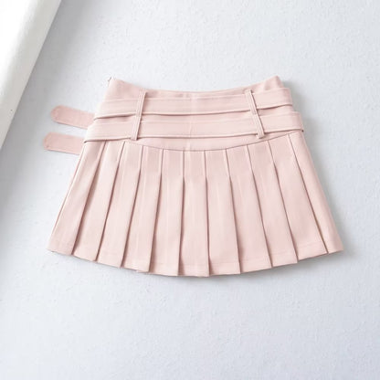 Young Eyes Pastel Pink White Black Double Belts High Waist Tennis Pleated Mini Skirt