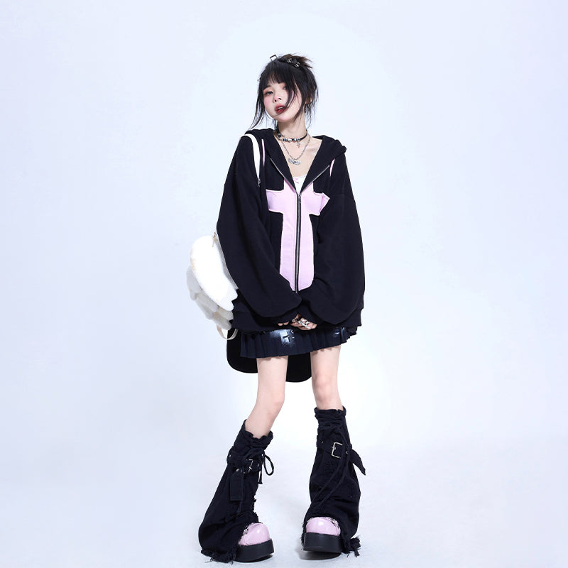 Rabbit Ears Pink Cross Cool Trendy Goth Sweatshirt Jacket Oversize Black Hoodie