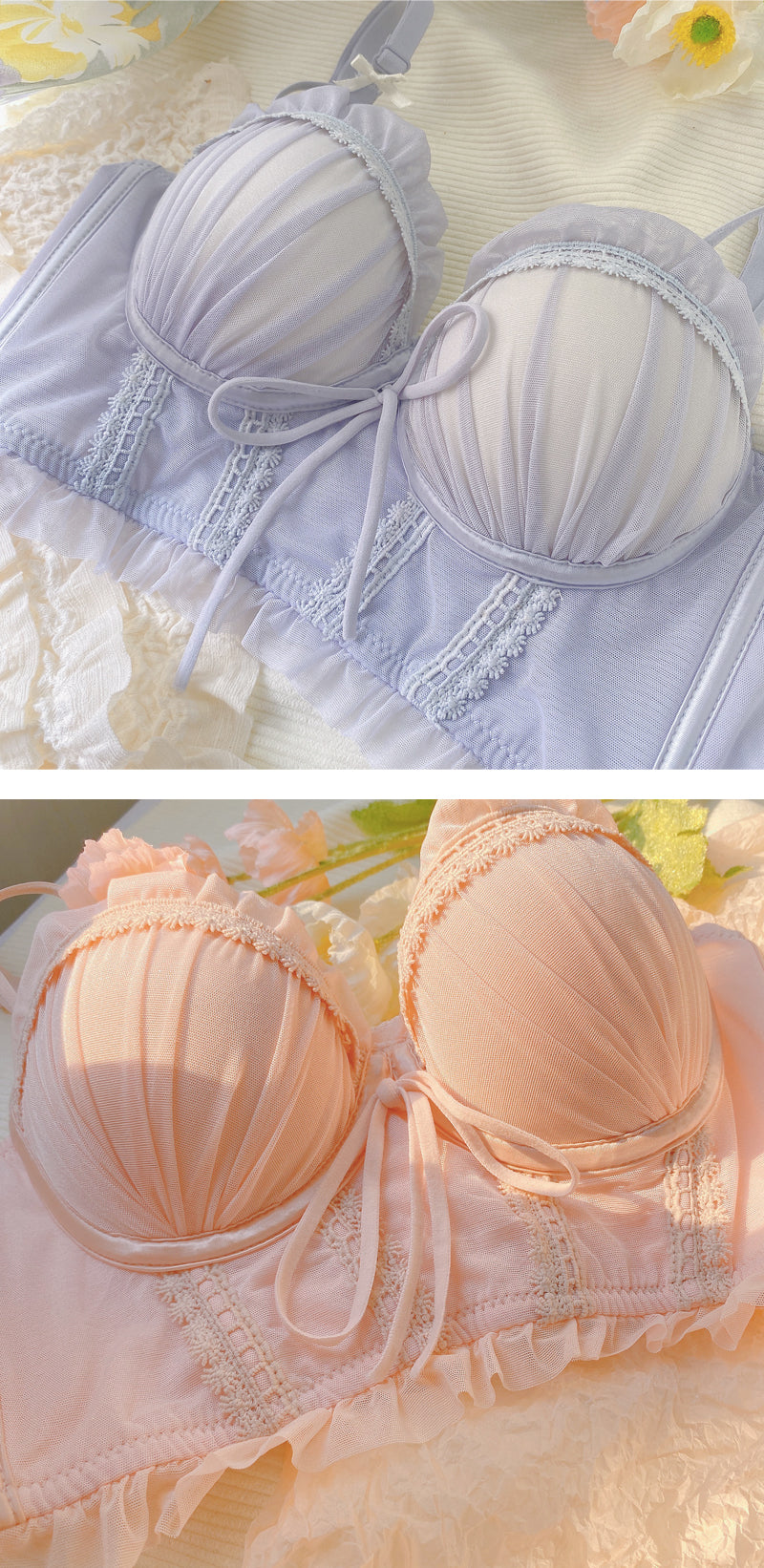 Sweet Soft Angel Moonlight Lace Ribbon Bow Lingerie Bra Panties Set