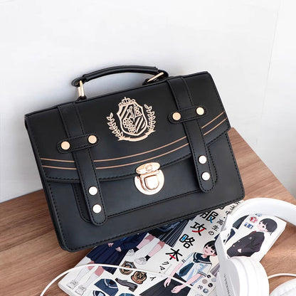 Retro Vintage Student Brown Black Leather Golden Button Crest Academia School College Briefcase Bag