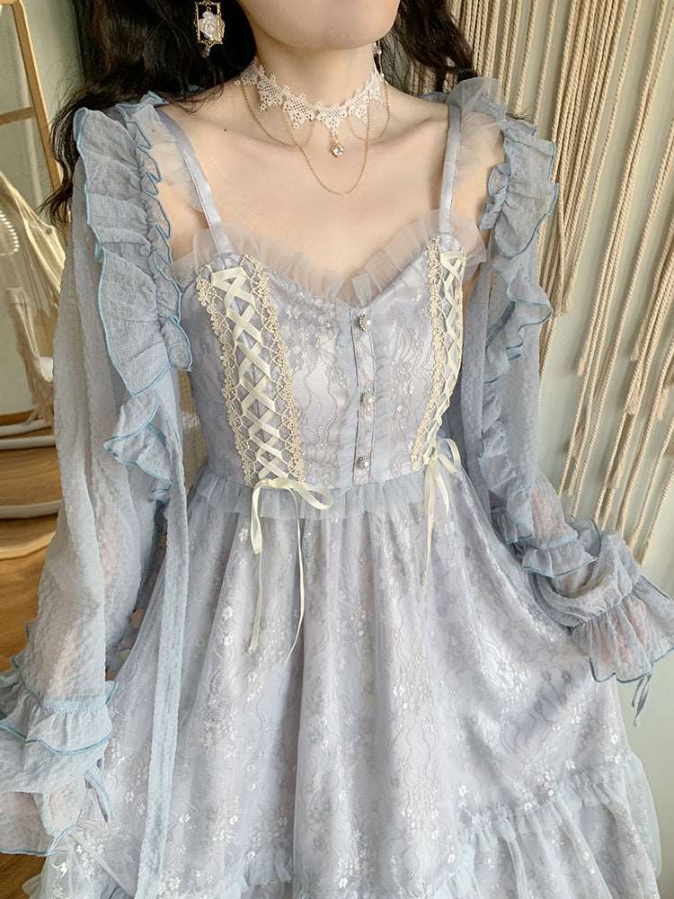 Elegant Moonlight Embroidery Sequin Long Strap Blue Dress