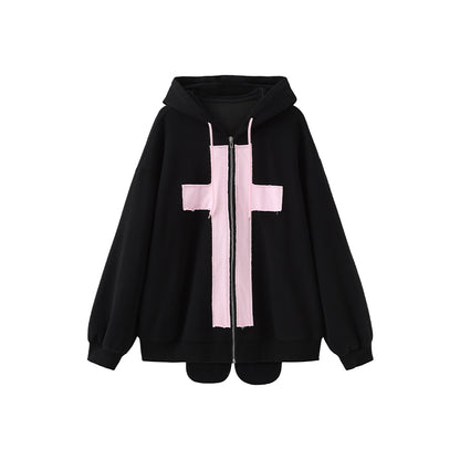 Rabbit Ears Pink Cross Cool Trendy Goth Sweatshirt Jacket Oversize Black Hoodie