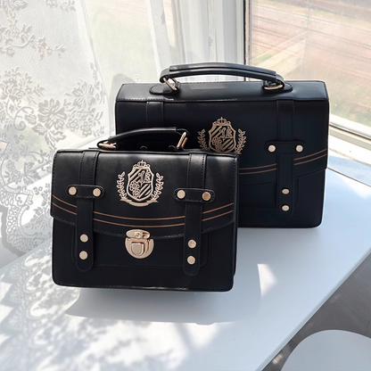 Retro Vintage Student Brown Black Leather Golden Button Crest Academia School College Briefcase Bag