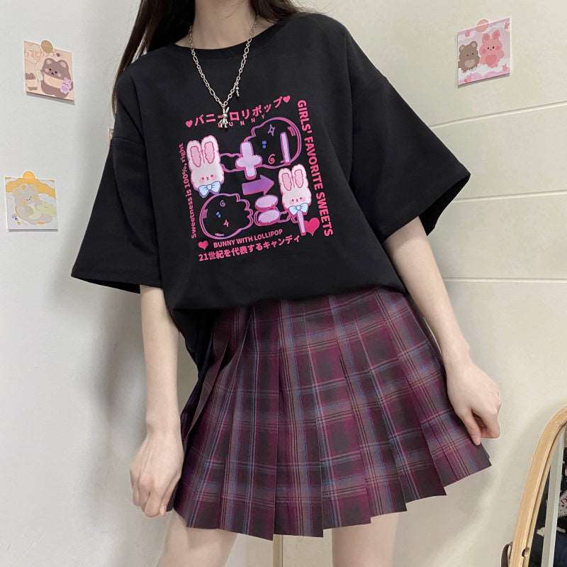 Bunny Lolipop E-girl Grunge Japanese Y2K Print Cotton Short Sleeved Oversize T-shirt Tees Top