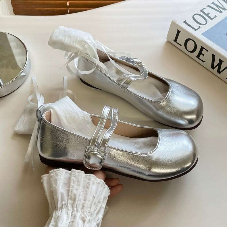 Balletcore Silver White Black Cute Leather Mary Jane Flats Shoes