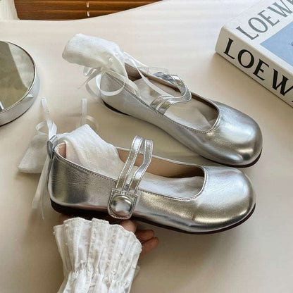 Balletcore Silver White Black Cute Leather Mary Jane Flats Shoes