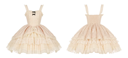 Universal Lolita Music Box White Cream Color Sweet Princess Lace Bow Dollcore Girl Strap Dress