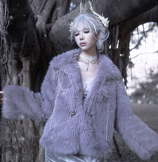Swan Dream Snow Princess Purple Gray Pearl Artificial Fox Fur Winter Jacket Coat