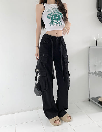 Street Pink Green Black Cream Denim Loose High Waist Pants