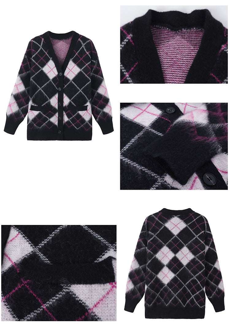 Korean Fashion Women Blue White & Black Pink Diamond Argyle Pattern Autumn Winter Cardigan