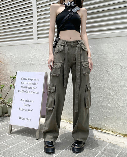 Street Pink Green Black Cream Denim Loose High Waist Pants