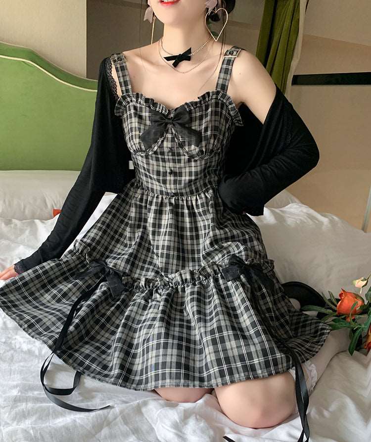 Sweet Retro Girl Check Plaid Black Suspender Dress