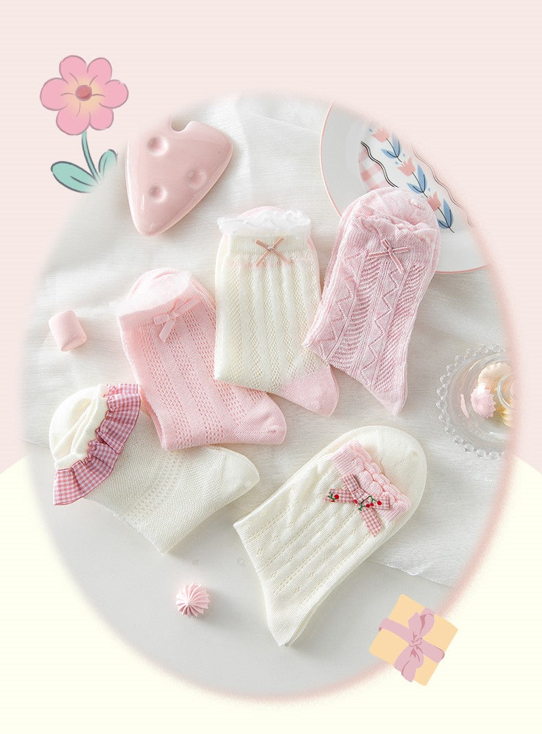 Sweet Coquette Girl Pink & White Cotton Socks 5 Patterns Pairs Sets