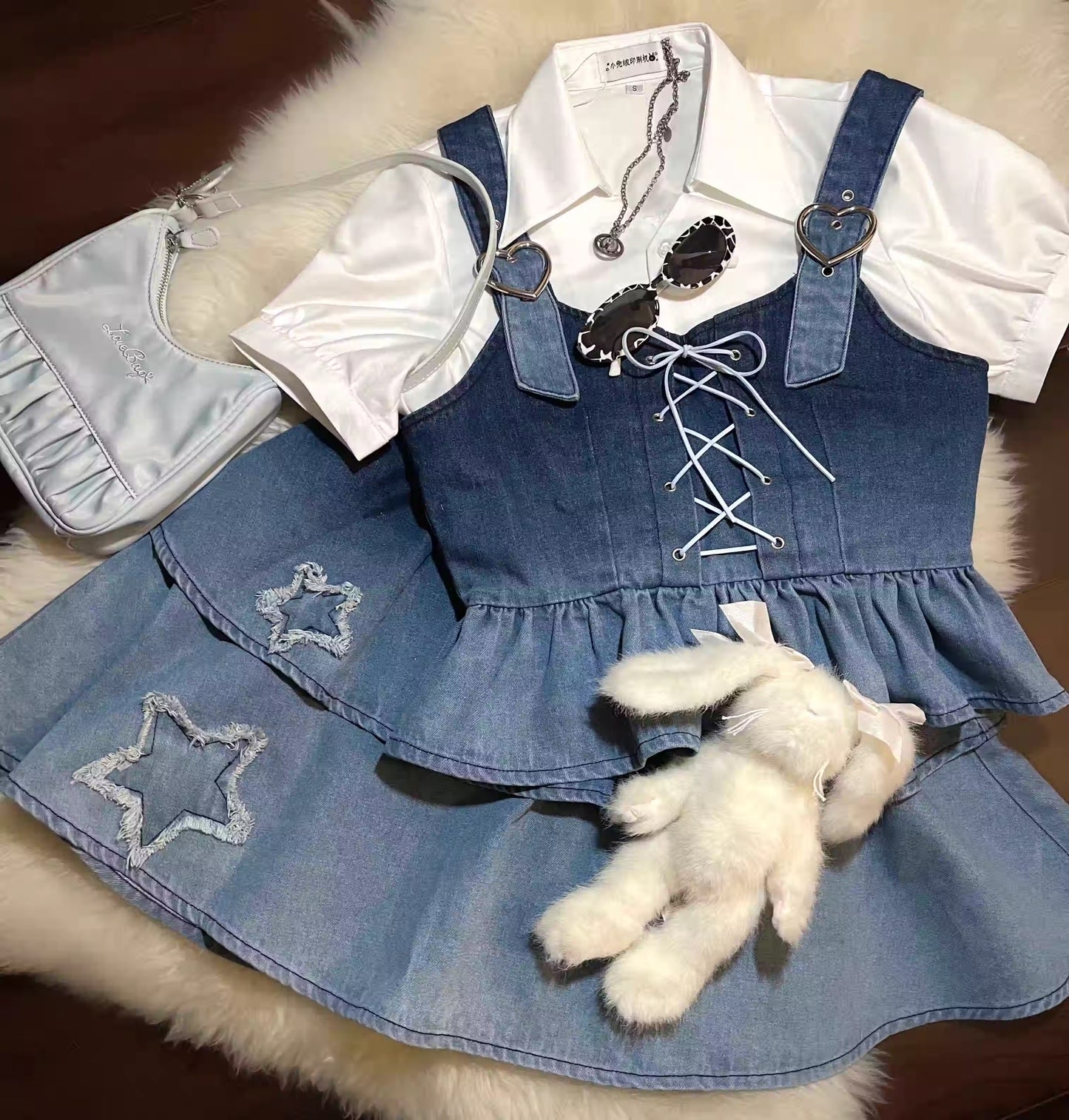 Y2K Cute Gradient Dyed Blue Stars Denim Suspender Shirt & Short Skirt Two Piece Set