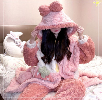 Strawberry Pink Thick Winter Pajamas Hooded Bathrobe & Pants Set