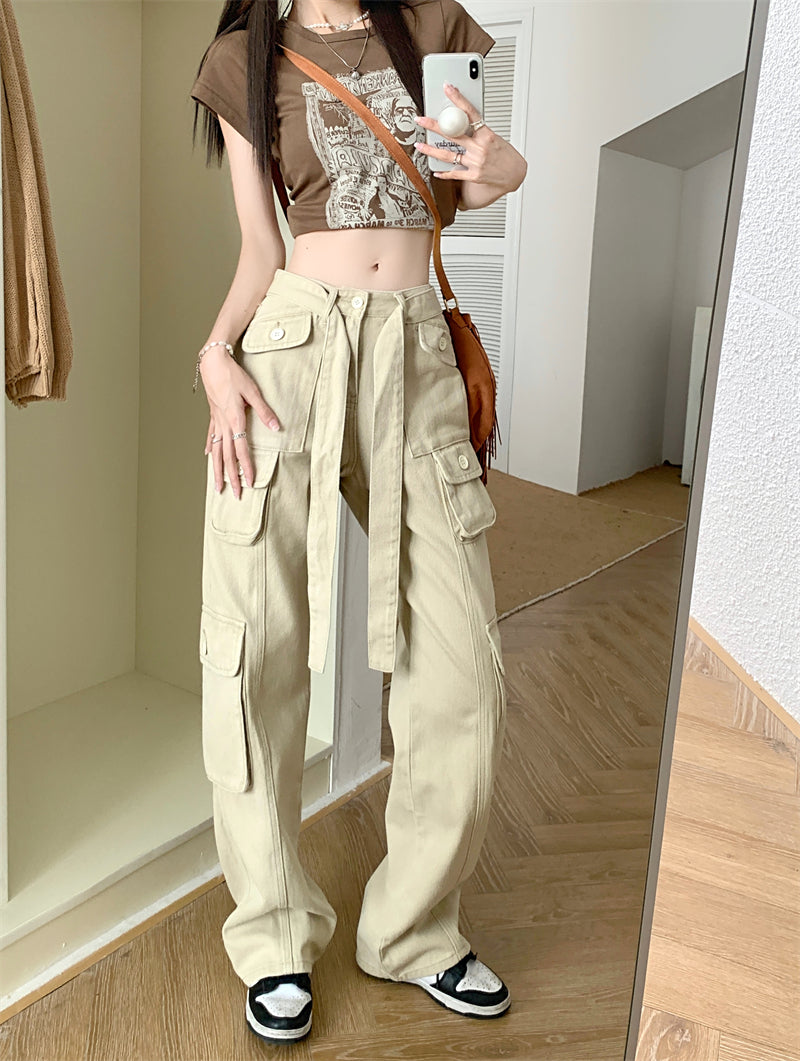 Street Pink Green Black Cream Denim Loose High Waist Pants