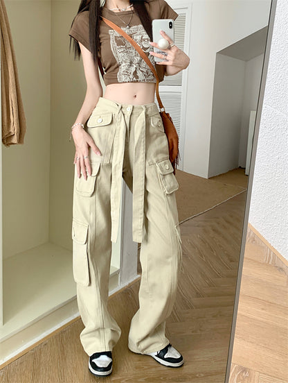 Street Pink Green Black Cream Denim Loose High Waist Pants