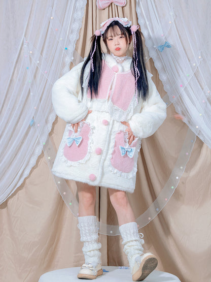 Pastel Pink & White Pattern Lace Sweet Japanese Girl Rabbit Ears Hooded Coat