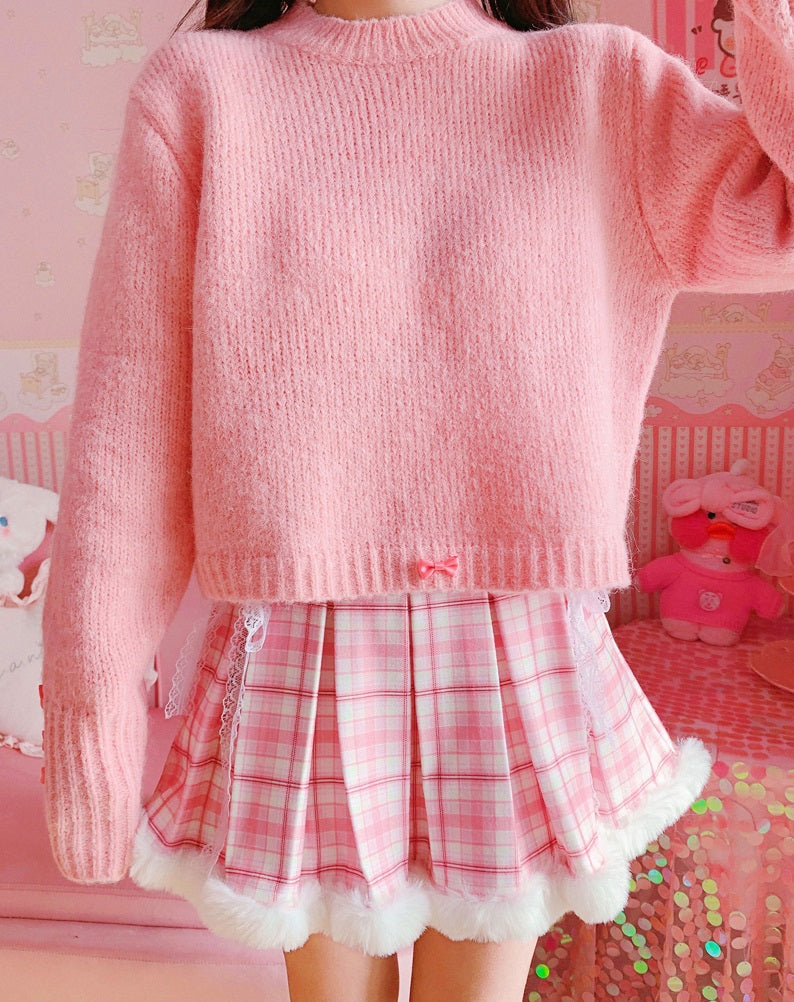 Harajuku Pink Plaid High Waist Fur Pleated Skirt