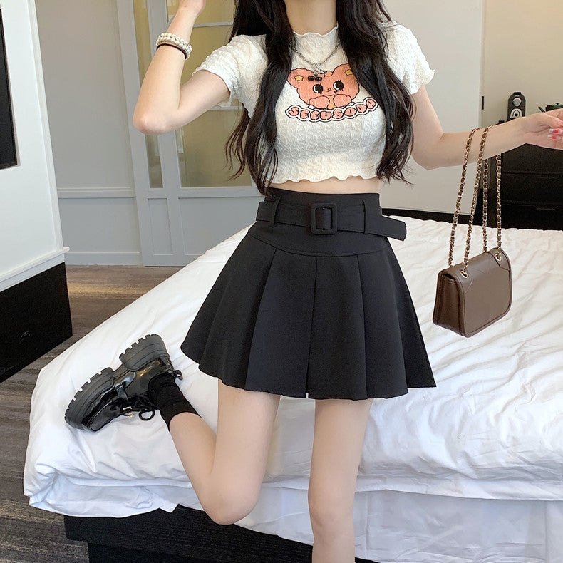 Summer Spring Girl Women White Black Pink High Waist Belt Pleated Skirt