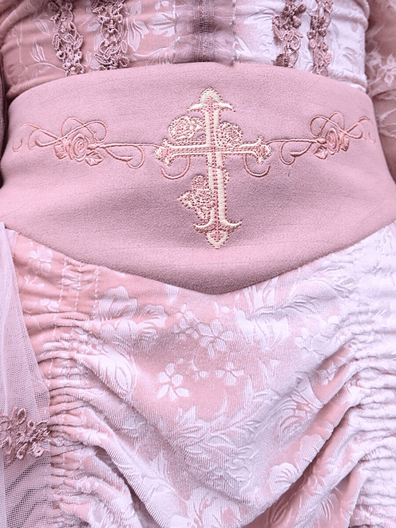 Blood Supply Guardian of Sakura Tress Gothic Lace Velvet Pink Cross Top Skirt Two Piece Set