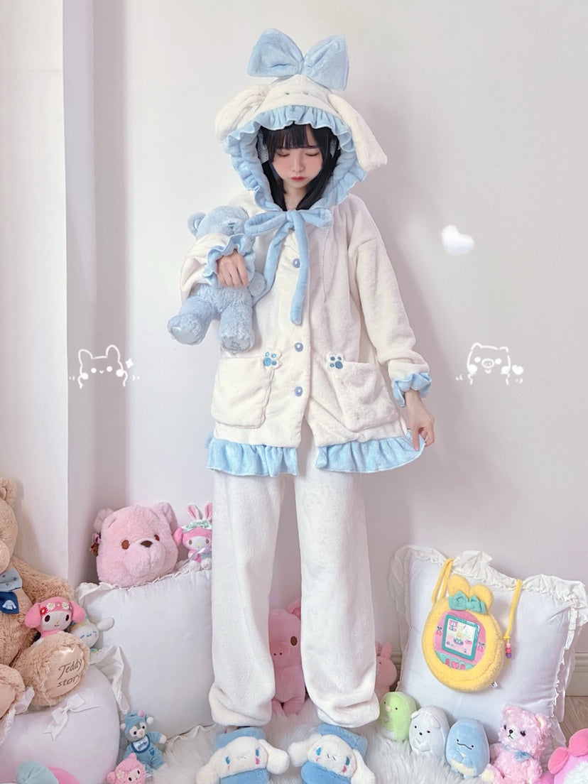 Winter Bunny Rabbit Ears Pink Blue Long Sleeve Top & Pants Pajamas Sleepwear