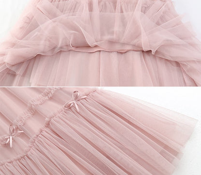 Princess Fairytale Stitching Bow White Cream Pink Black Long Gathered Skirt