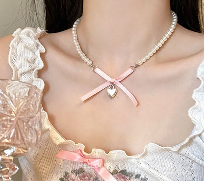 Run Away Princess Coquette Girl Heart Bow Ribbon Necklaces