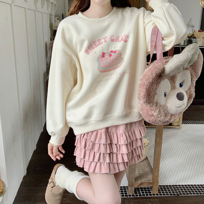 Sweet Girl Cake Print Cherry Cream Sweatshirt Sweater