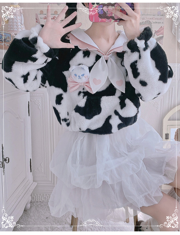 Cow Pattern Black White Pink Sailor Collar Plush Jacket