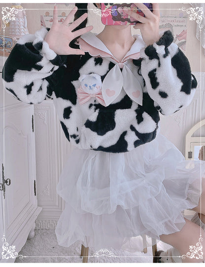 Cow Pattern Black White Pink Sailor Collar Plush Jacket