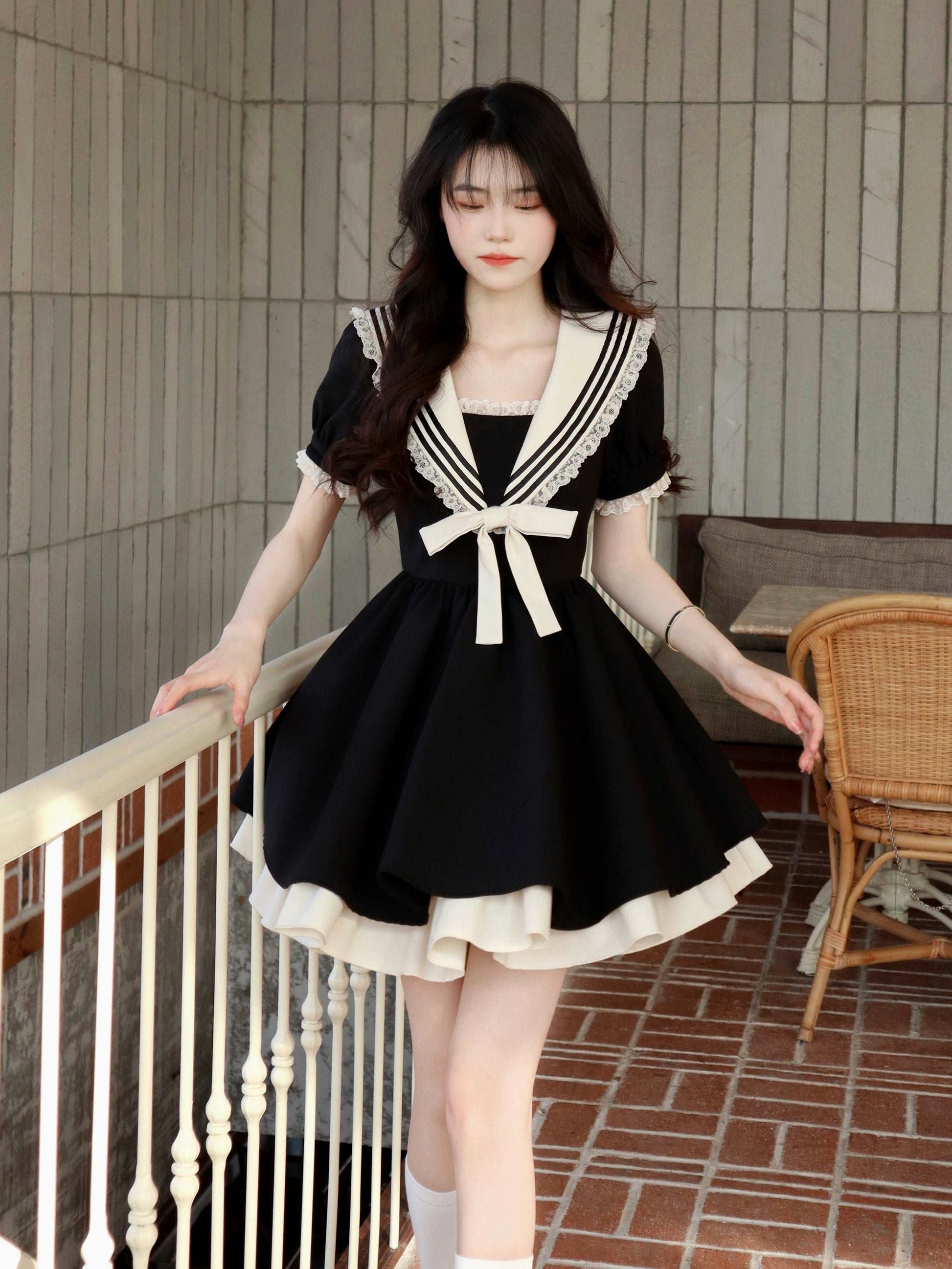 Blue Angel Classic Lace Navy Sailor Collar Short Black Summer Dress