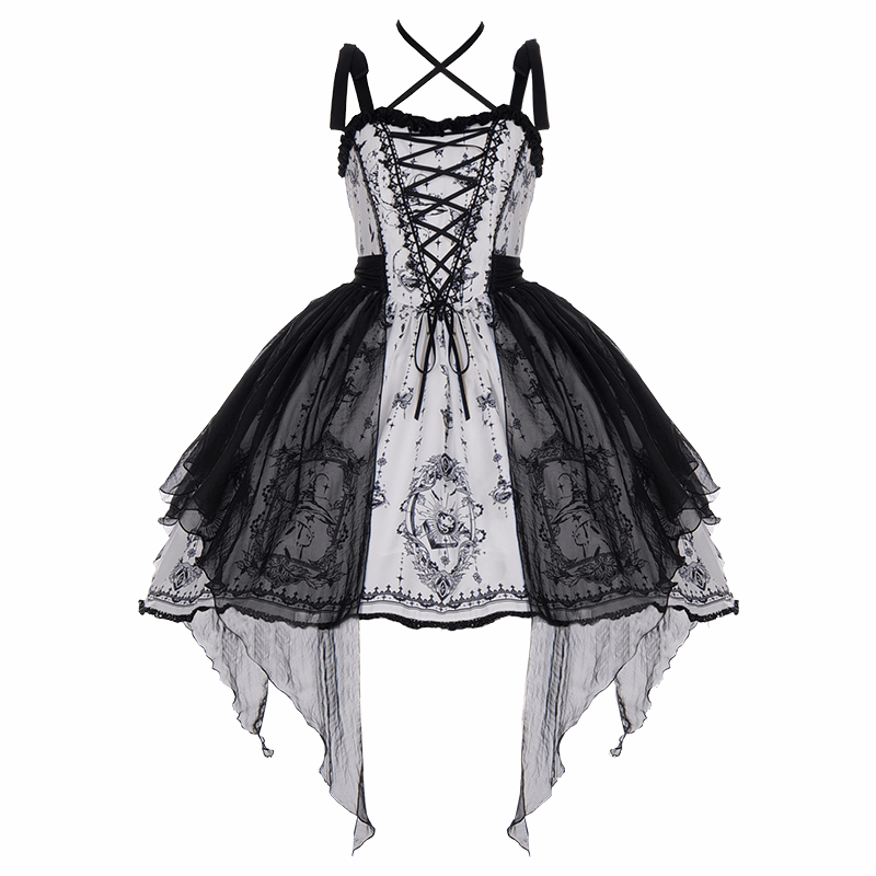 Butterfly Twins Gray Black White Gothic Princess Lace Bow Dollcore Girl Dress