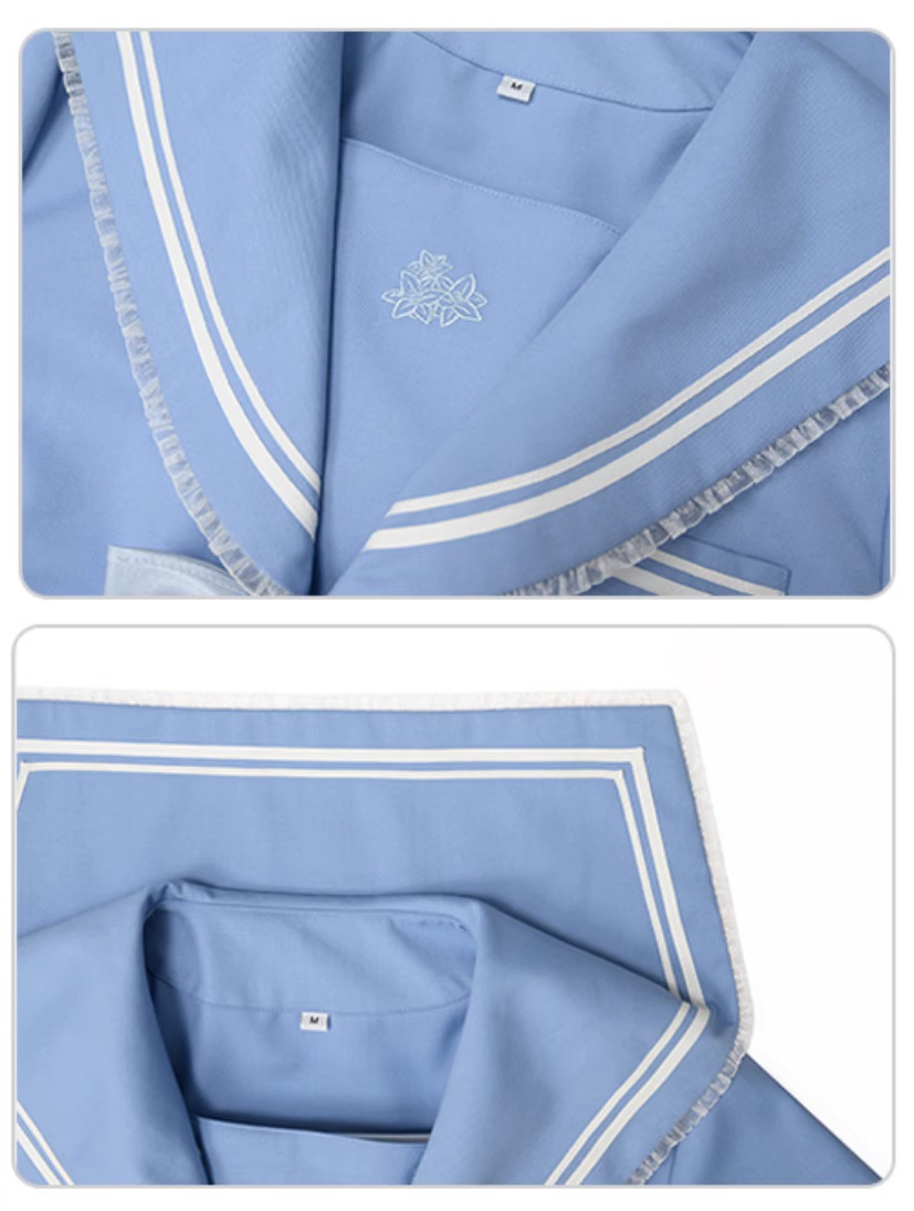 Plus Size Women Sky Blue Cute Japanese Student Sailor Uniform Seifuku Shirt & Skirt Two Piece Set