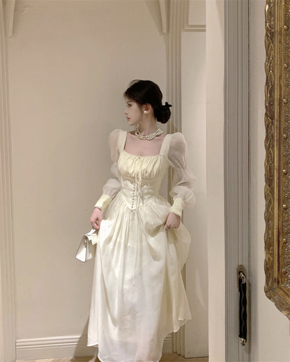 French Square Collar Long Sleeve Classic Elegant Corset Princess White Dress