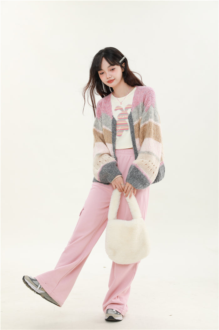 Brown Gray Pink Soft Girl Autumn Knitted Sweater Cardigan