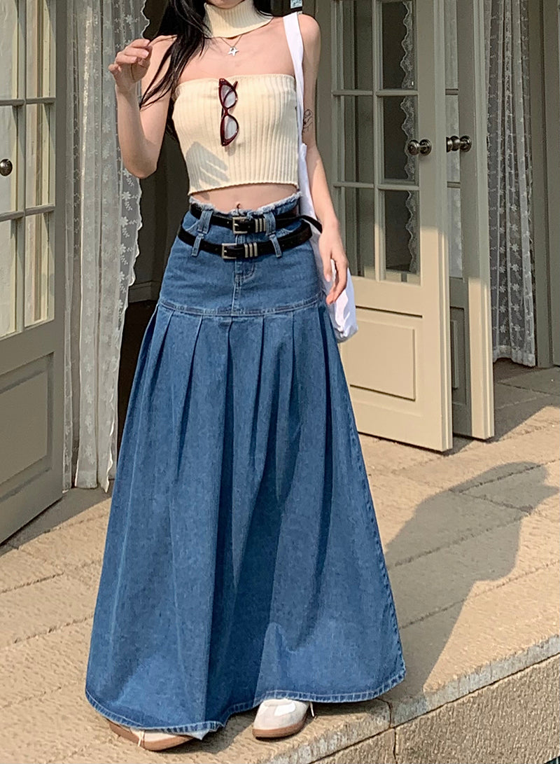 Summer Fashion Cute Trendy Retro High Waist A-line Denim Long Pleated Skirt