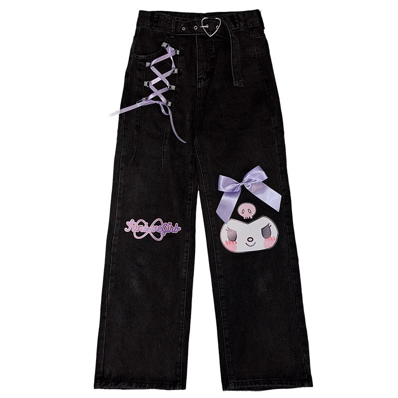 Purple Devil Japanese Harajuku Cute Kawaii Anime Girl Black High Waist Pants Trousers Denim Jeans