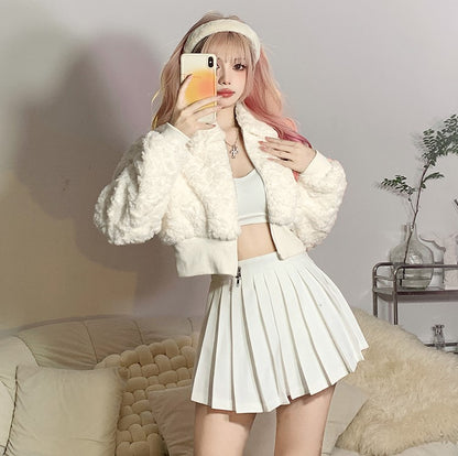 White Sweet & Cool Velvet Plush Woolen Zipper Short Jacket