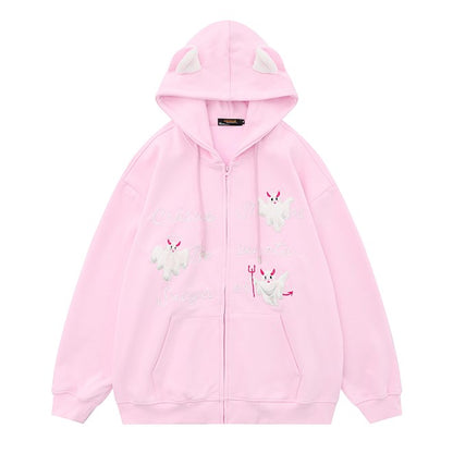 Cute Pink Black Khaki Halloween Ghost Cat Ears Oversize Hoodie Jacket