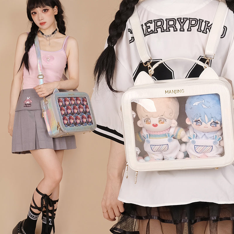 Cat Ears White Blue Pink Black Leather Messenger Bag Backpack