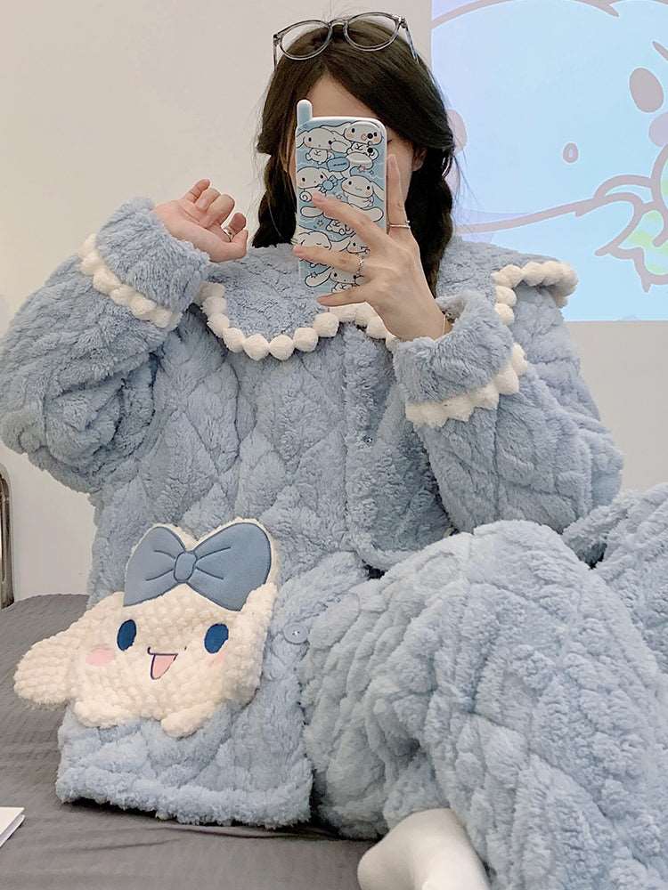 Blue Cinnamoroll Girl Thick Plush Coral Fleece Warm Winter Pajamas Sleepwear Two Piece