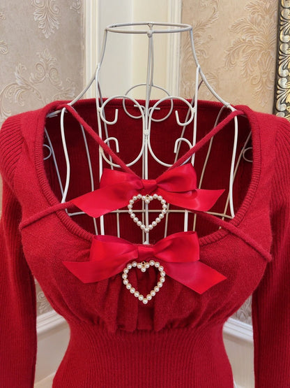 Sweetheart Princess Cross Bow Halter Top Long Sleeve Blue White Pink Red Sweater Top