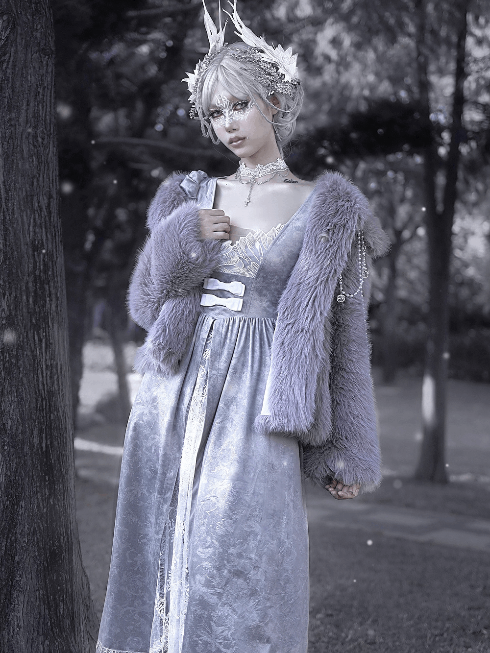 Swan Dream Gray Purple Pattern Embroidery European Style White Gothic Lace Princess Winter Dress