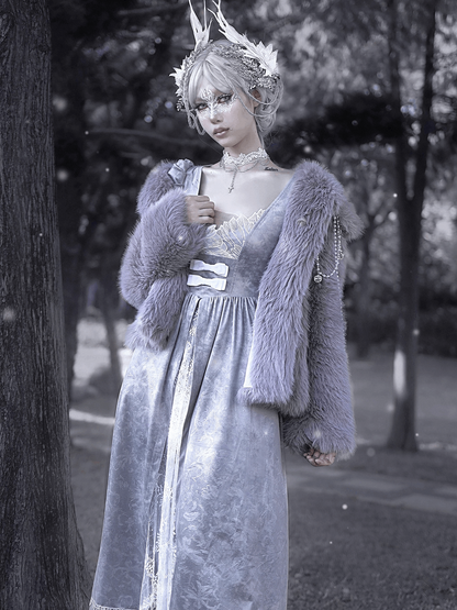 Swan Dream Gray Purple Pattern Embroidery European Style White Gothic Lace Princess Winter Dress