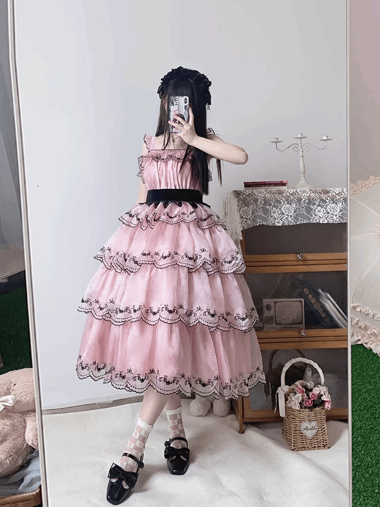 Dance of the Flowers Princess Elegant Black Pink Strap Dress