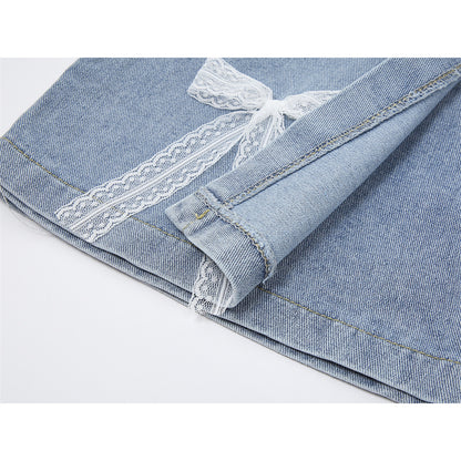 White Ribbon High Waist Pleated Denim Mini Skirt